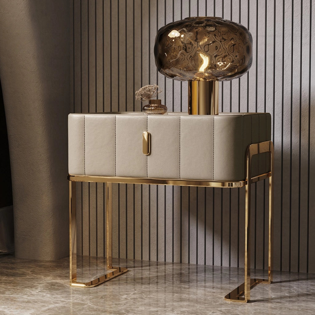 Contemporary nightstand with sintered stone top and PU leather drawer, angled view.