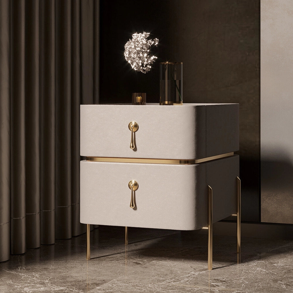 Elegant modern leather nightstand with automatic light in a softly lit bedroom.