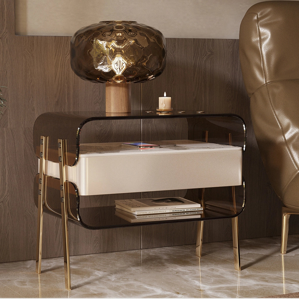 Front view of sleek acrylic nightstand showcasing open shelves.