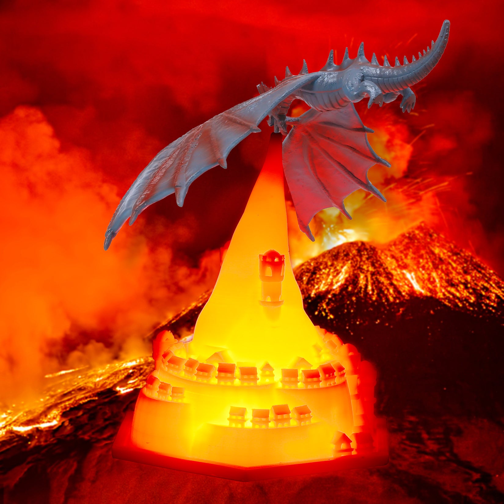 3D printed dragon lamp showcasing intricate details and blue illumination from the front angle.