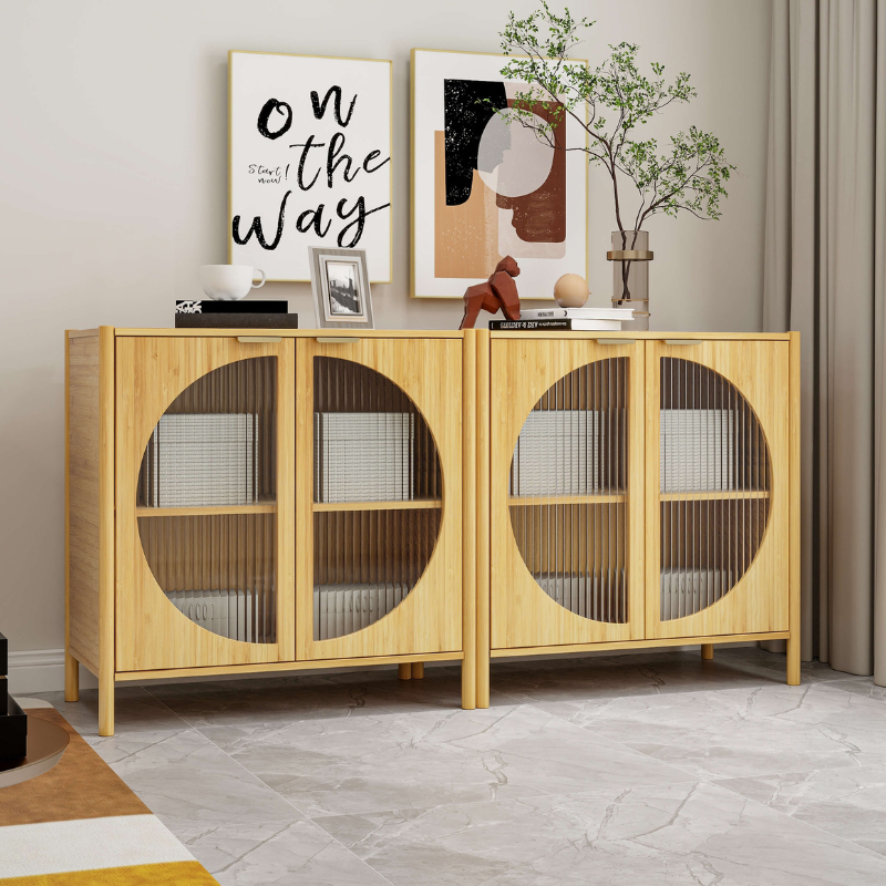 Mid-Century Bamboo Storage Cabinet with Glass Doors - Image 2