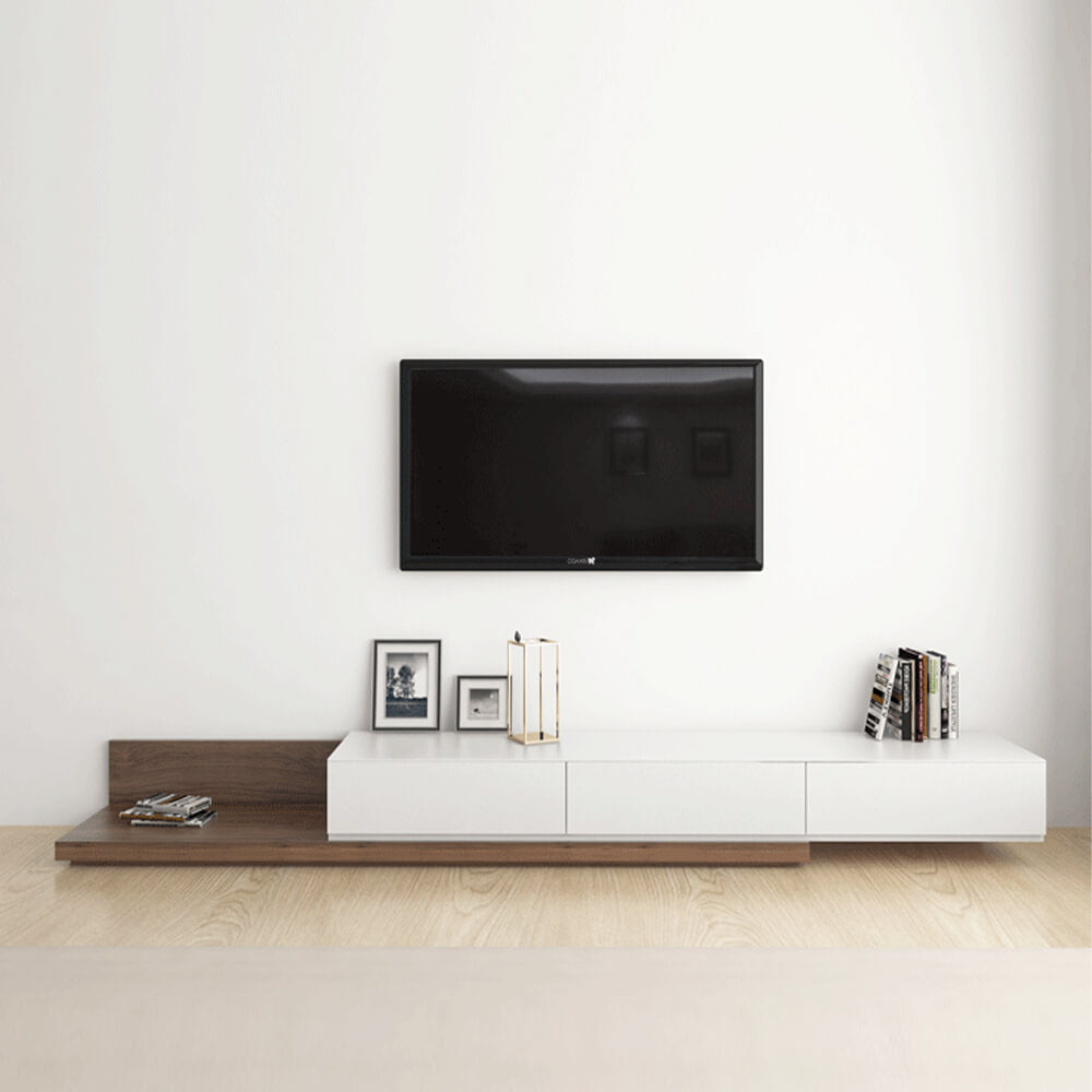 Elegant 78-inch white wooden TV stand, showcasing its sleek design and retractable drawers.