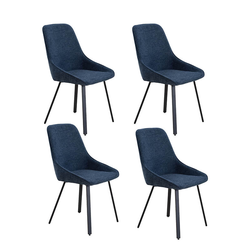 A dining room setting featuring four blue upholstered chairs around a wooden table, highlighting their elegant look.