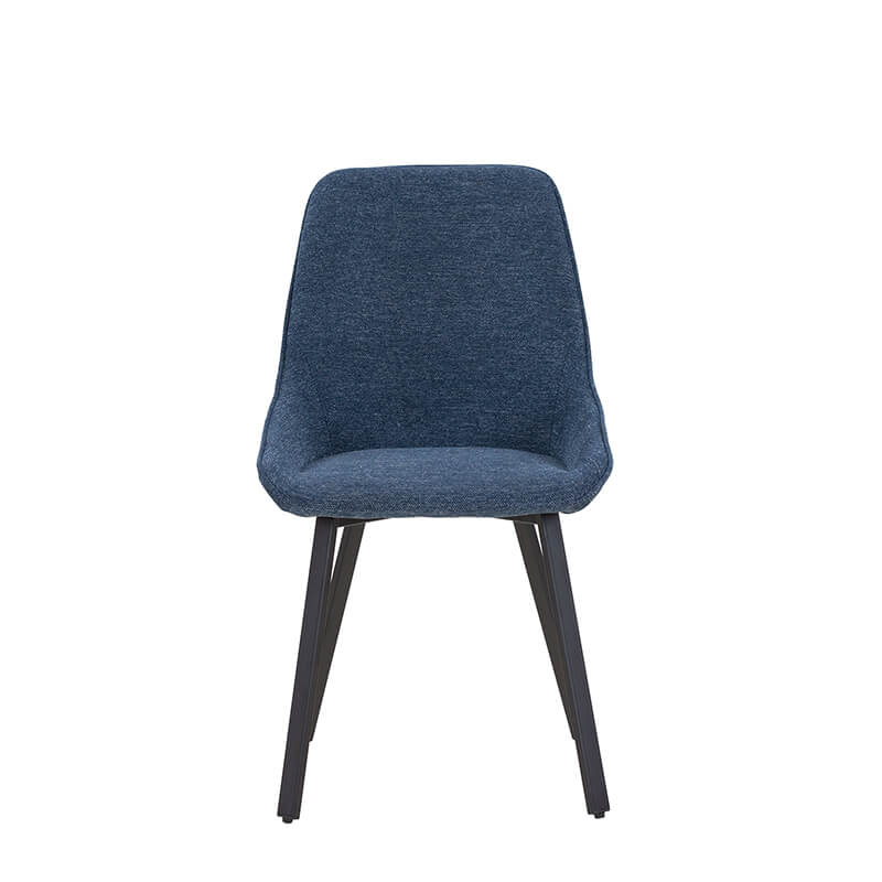 Close-up of the ergonomic backrest of a blue upholstered chair, showcasing its soft and inviting design.