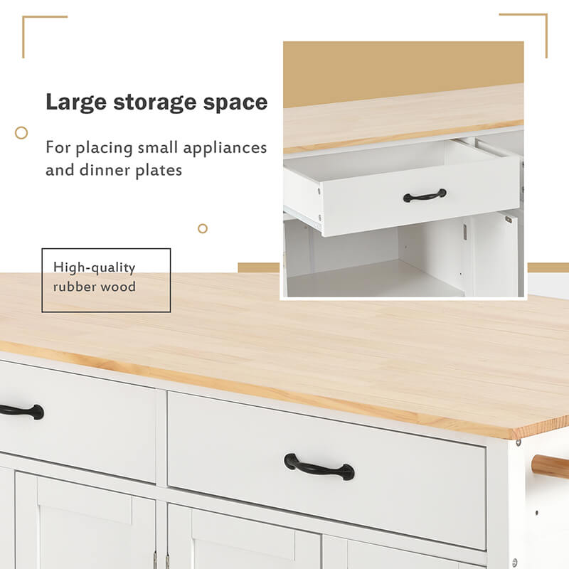 Front view of the stylish white kitchen island cart with solid wood top and drawers, perfect for kitchen organization.