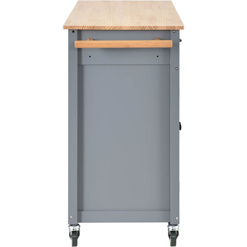 Grey blue wood kitchen island cart showcasing spacious countertop and built-in spice rack.