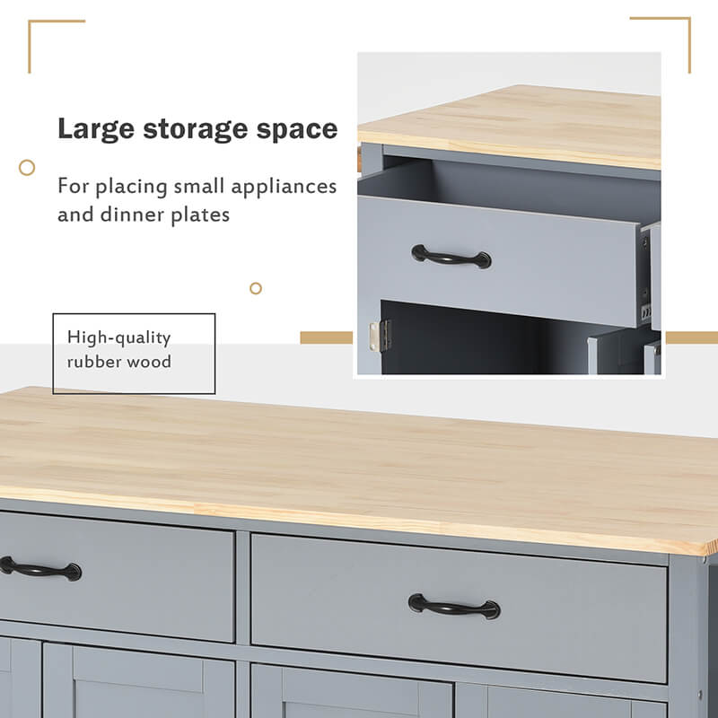 Side view of the grey blue wood kitchen island cart featuring four-door cabinet and locking wheels.