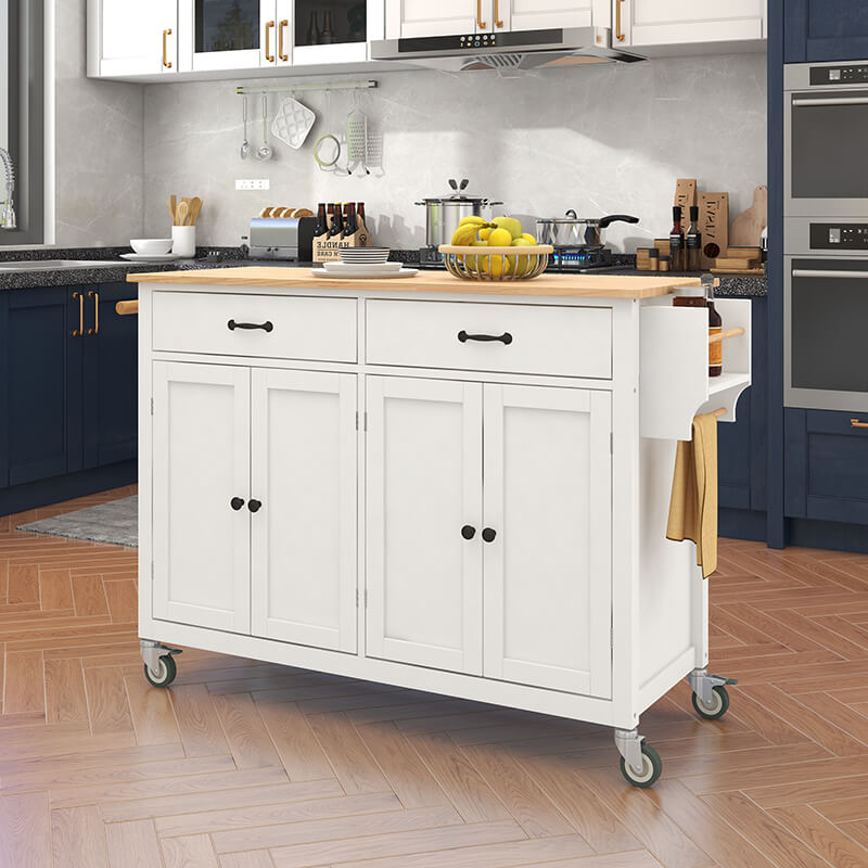 Front view of the stylish white kitchen island cart with solid wood top and drawers, perfect for kitchen organization.