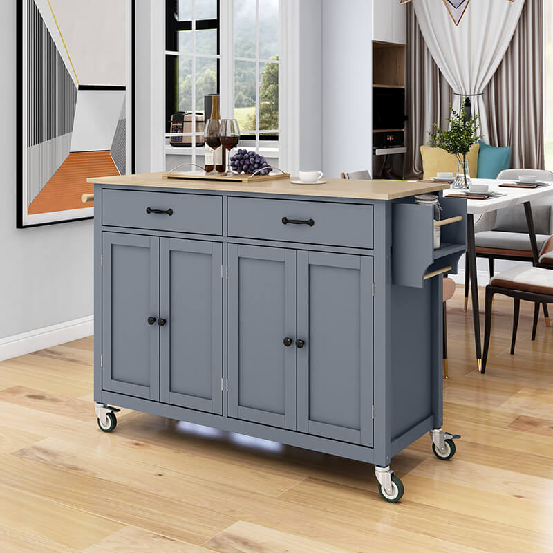 Grey blue wood kitchen island cart showcasing spacious countertop and built-in spice rack.