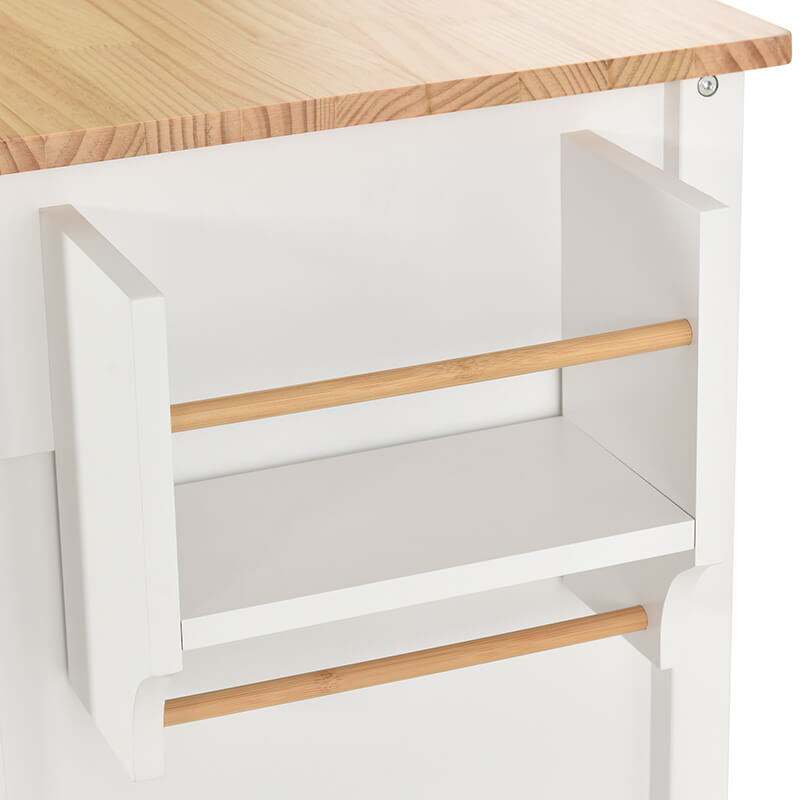 Close-up of the locking wheels on the modern kitchen island cart, showcasing its mobility and stability.