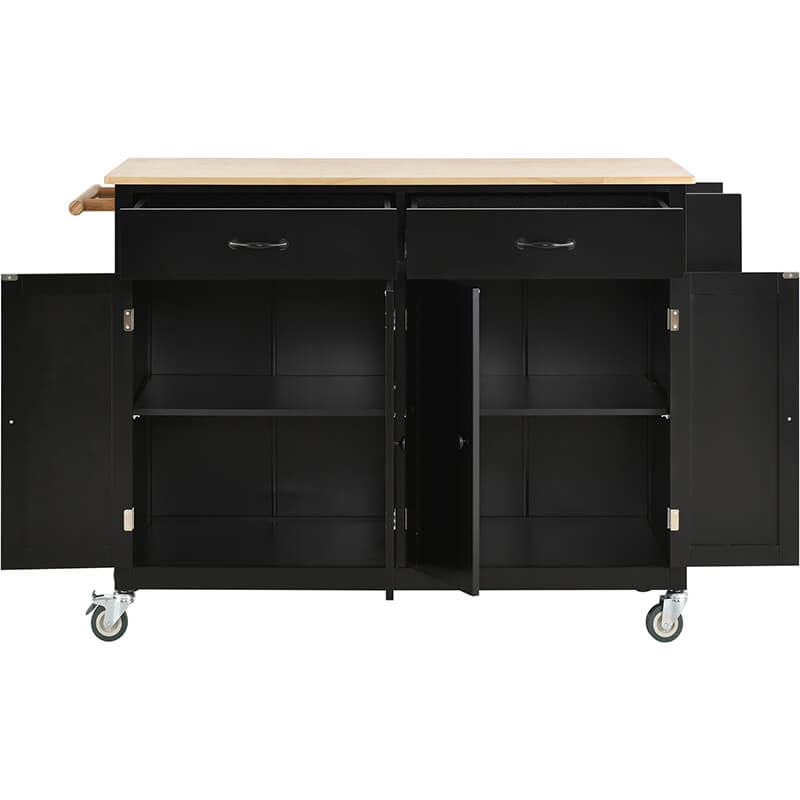 Elegant black kitchen island cart showcasing locking wheels and solid wood top from the side view.