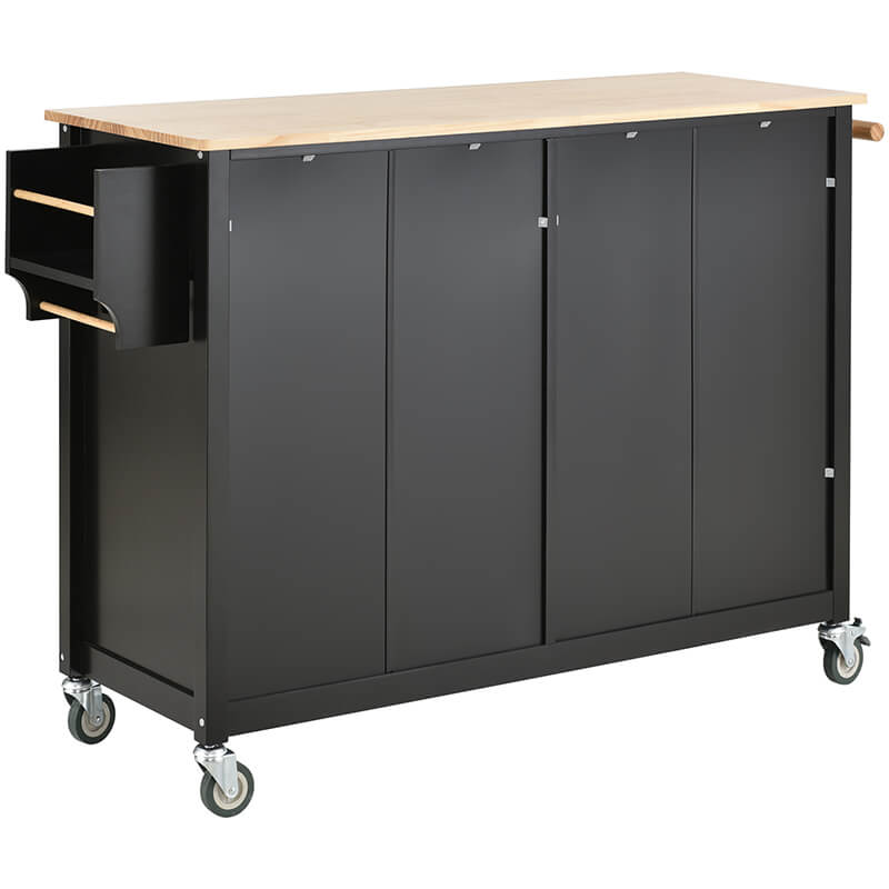 Elegant black kitchen island cart showcasing locking wheels and solid wood top from the side view.