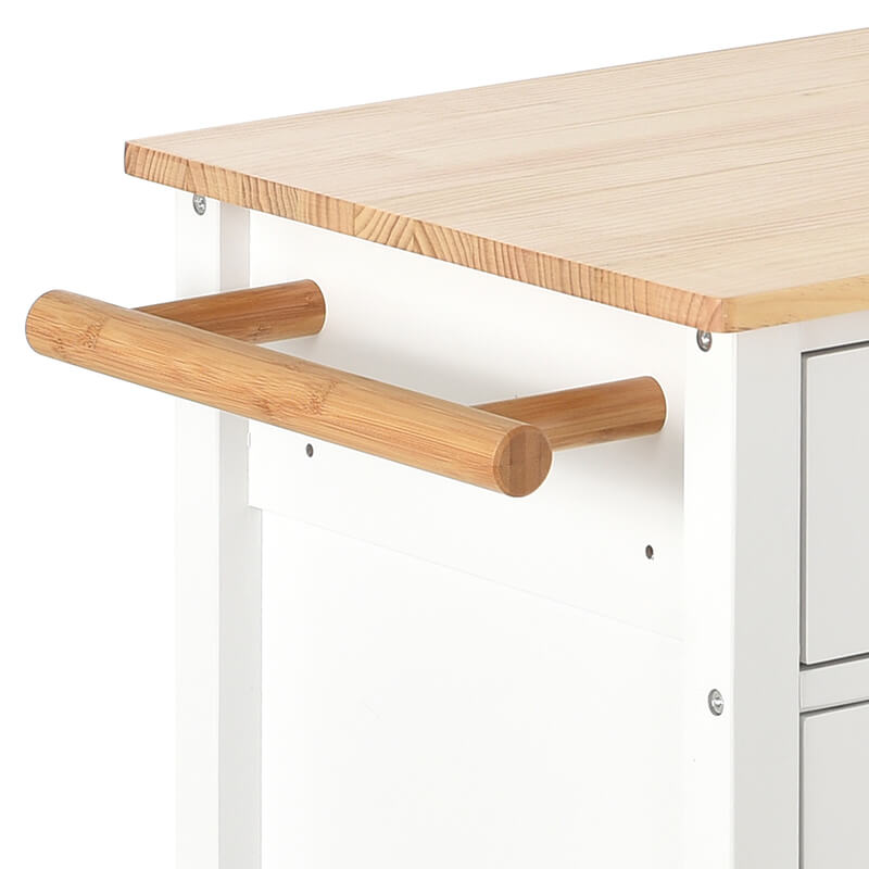Front view of the stylish white kitchen island cart with solid wood top and drawers, perfect for kitchen organization.