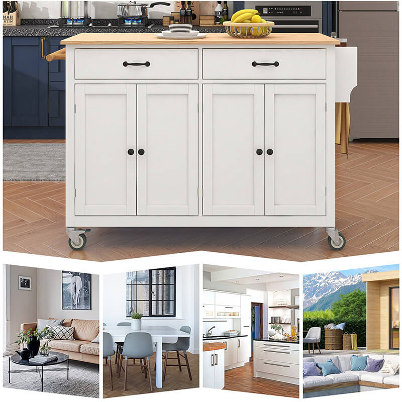 Side angle of the white kitchen island cart featuring a built-in spice rack and towel holder for added convenience.