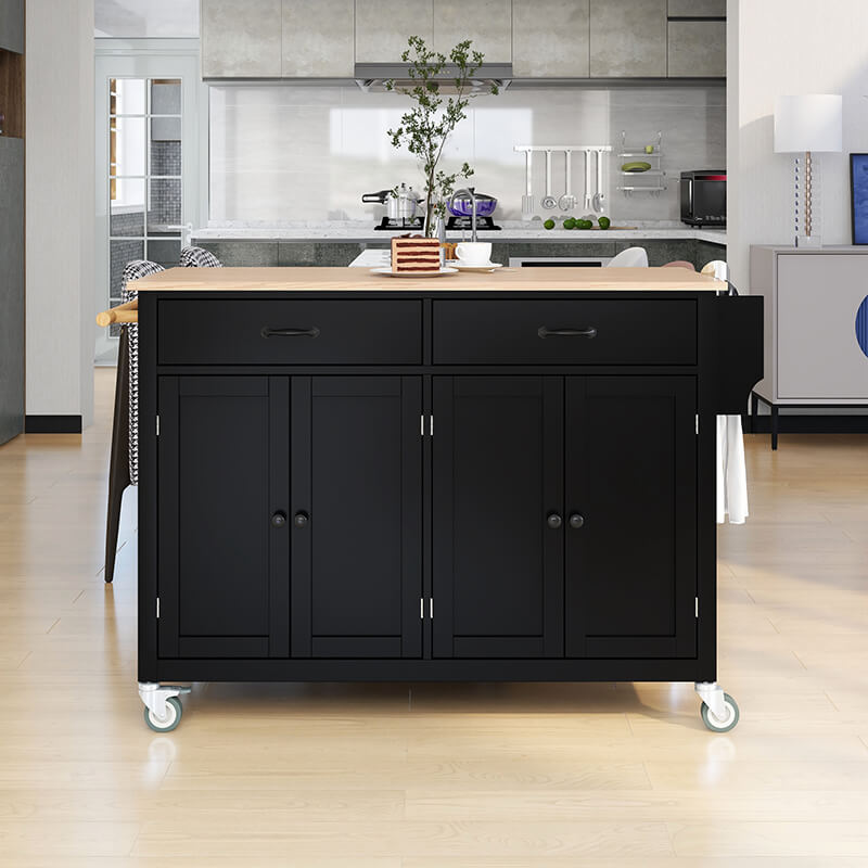 Spacious kitchen storage cart with drawers opened, revealing organized cutlery and towels.