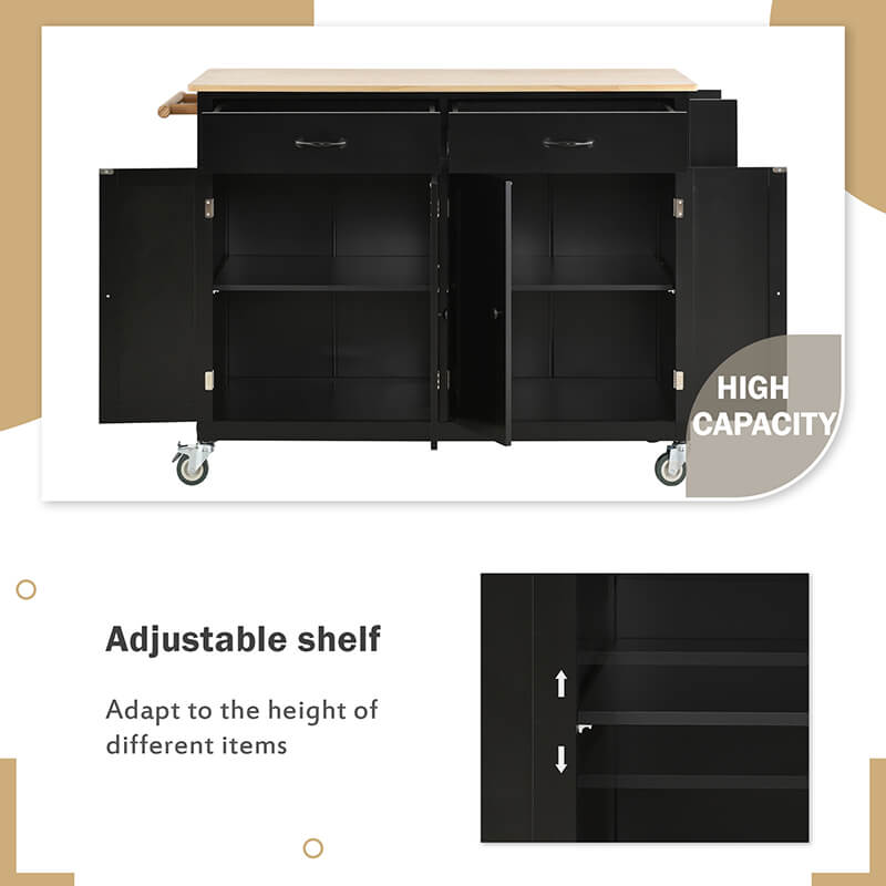 Elegant black kitchen island cart showcasing locking wheels and solid wood top from the side view.