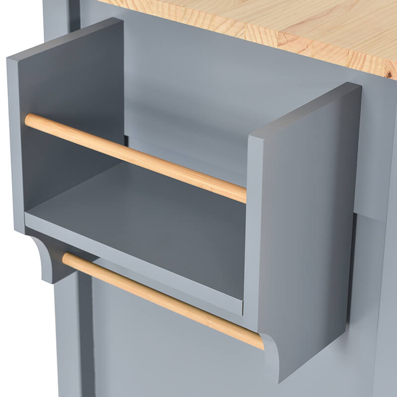Grey blue wood kitchen island cart showcasing spacious countertop and built-in spice rack.