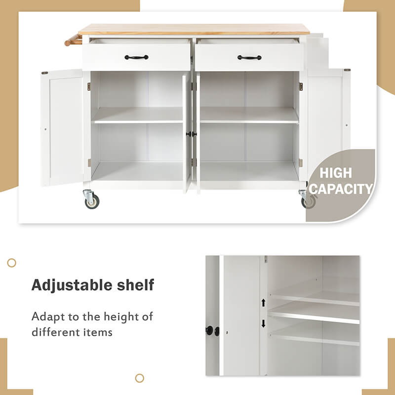 Side angle of the white kitchen island cart featuring a built-in spice rack and towel holder for added convenience.