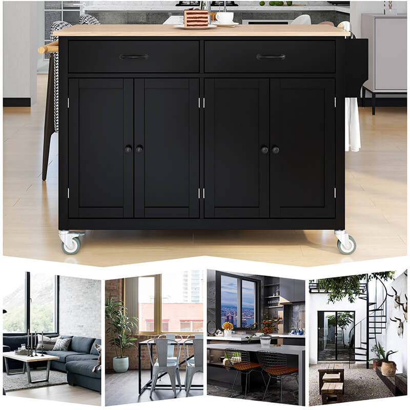 Spacious kitchen storage cart with drawers opened, revealing organized cutlery and towels.