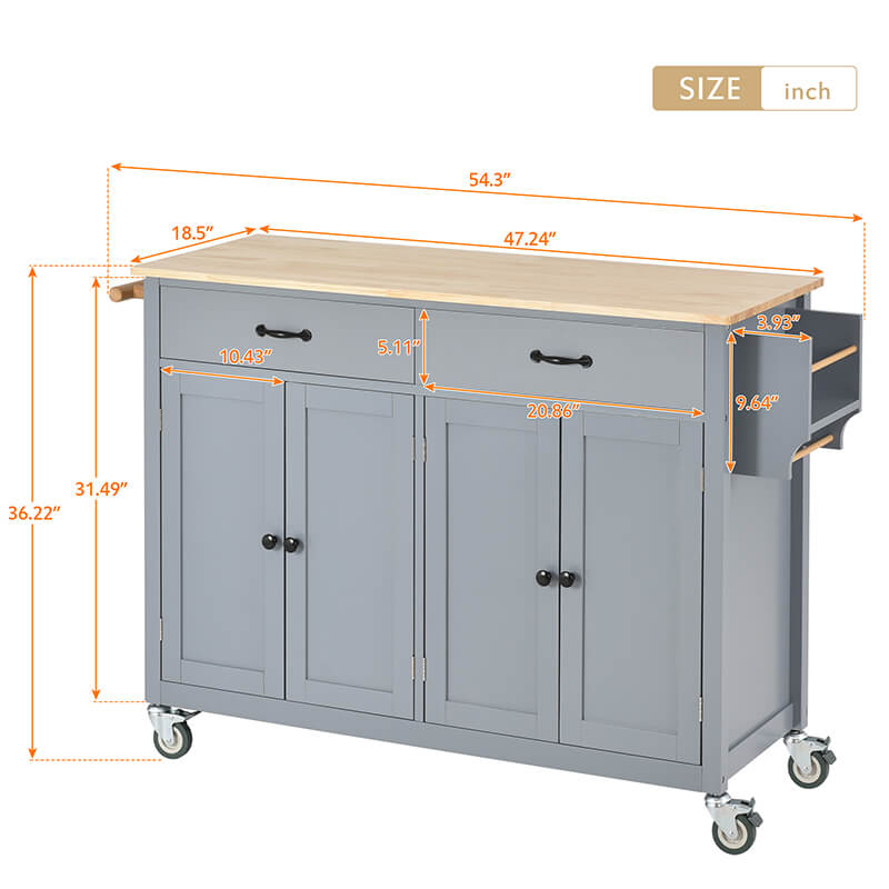 Grey blue wood kitchen island cart showcasing spacious countertop and built-in spice rack.