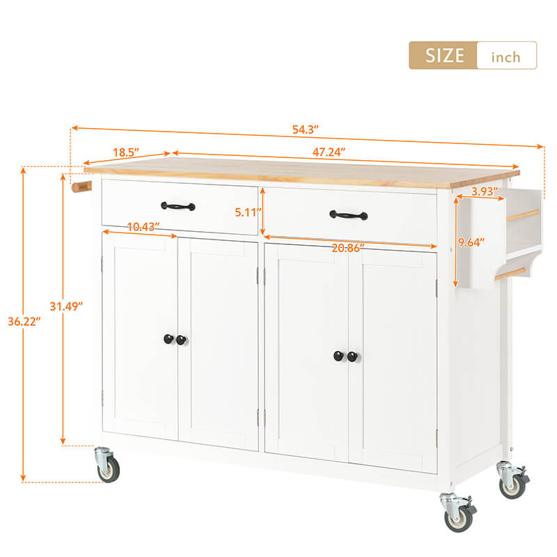 Front view of the stylish white kitchen island cart with solid wood top and drawers, perfect for kitchen organization.