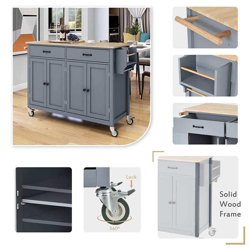 Close-up of the modern kitchen island with spice rack and towel rack, highlighting its elegant design.
