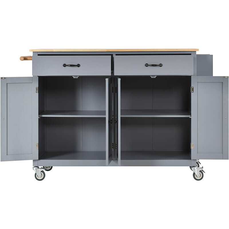 Side view of the grey blue wood kitchen island cart featuring four-door cabinet and locking wheels.