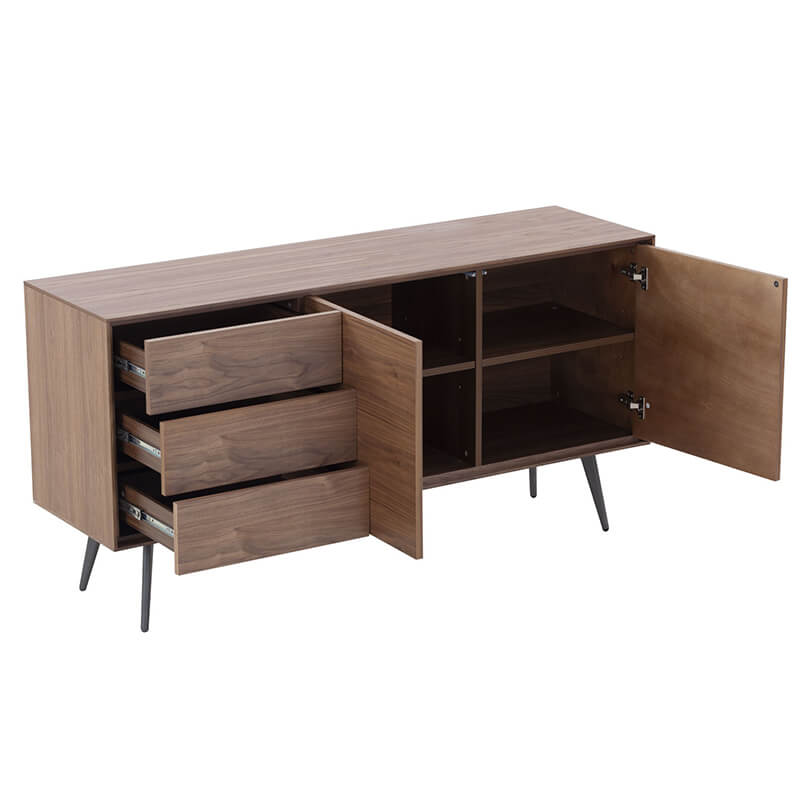 Side view of the large sideboard cabinet with shelves, perfect for organizing books and decor.