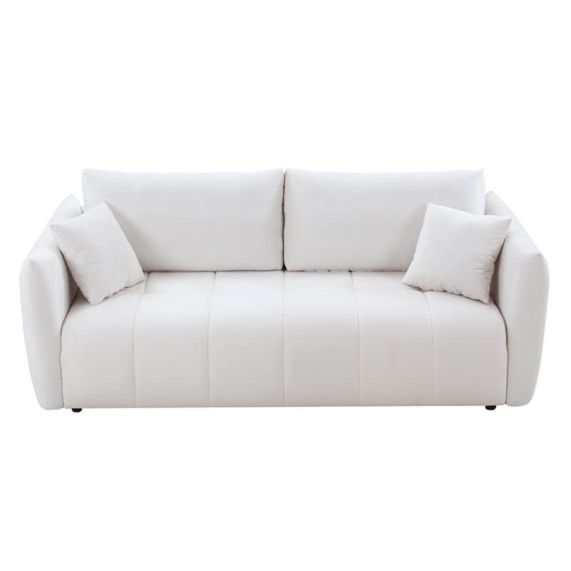 Elegant beige sectional sofa with three plush pillows, perfect for modern living rooms.