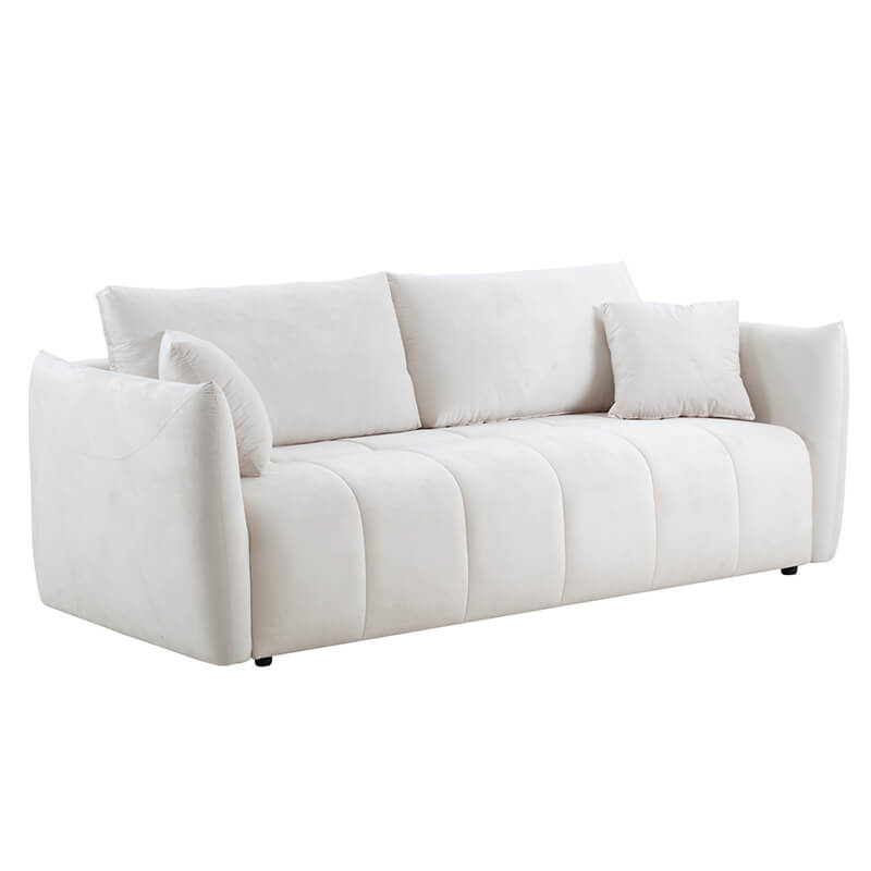 Cozy modern couch in beige fabric, designed for comfort and style in any home.