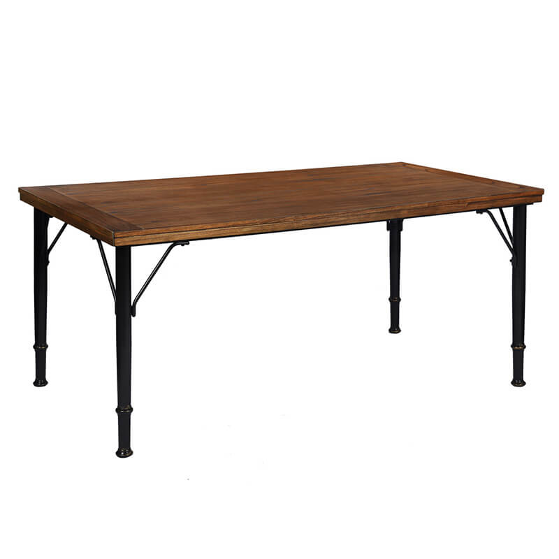 Angle view of rustic brown poplar wood dining table with black metal legs, showcasing its stylish design.