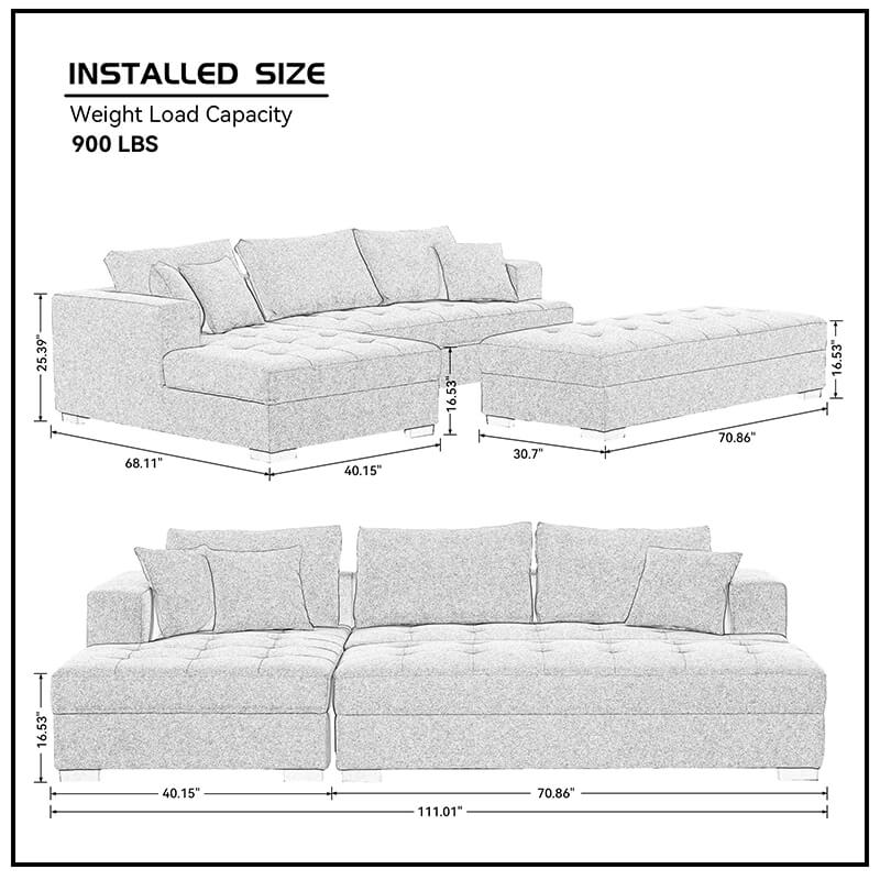 Light grey tufted sectional sofa in a contemporary living room setting