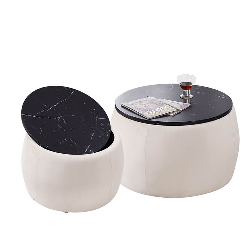 Close-up of the beige ottoman showing the removable lid and storage space inside.