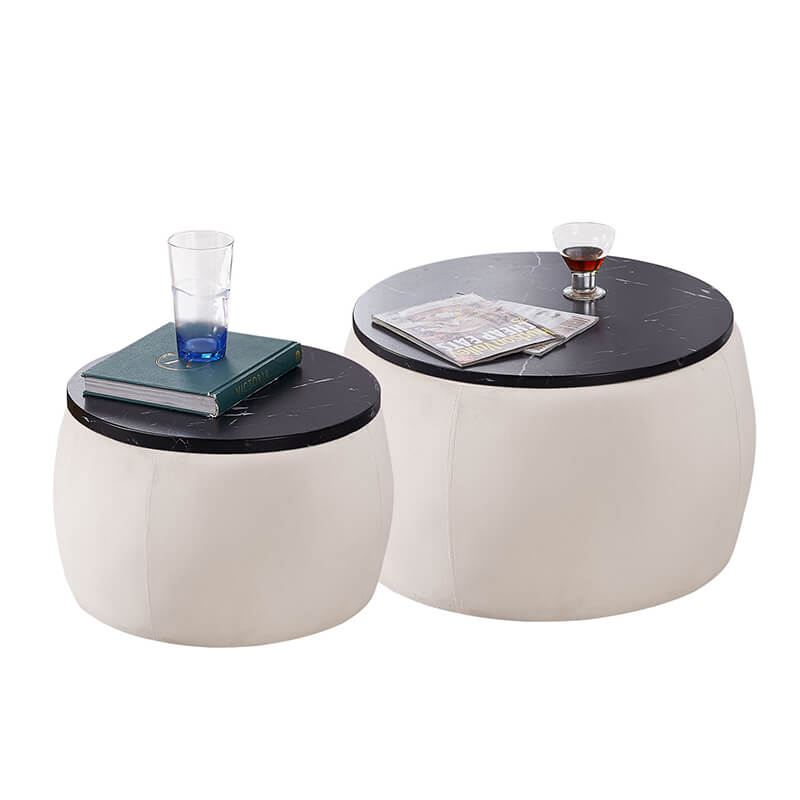 Elegant round storage ottoman coffee table set from a side angle, showcasing its velvet texture.