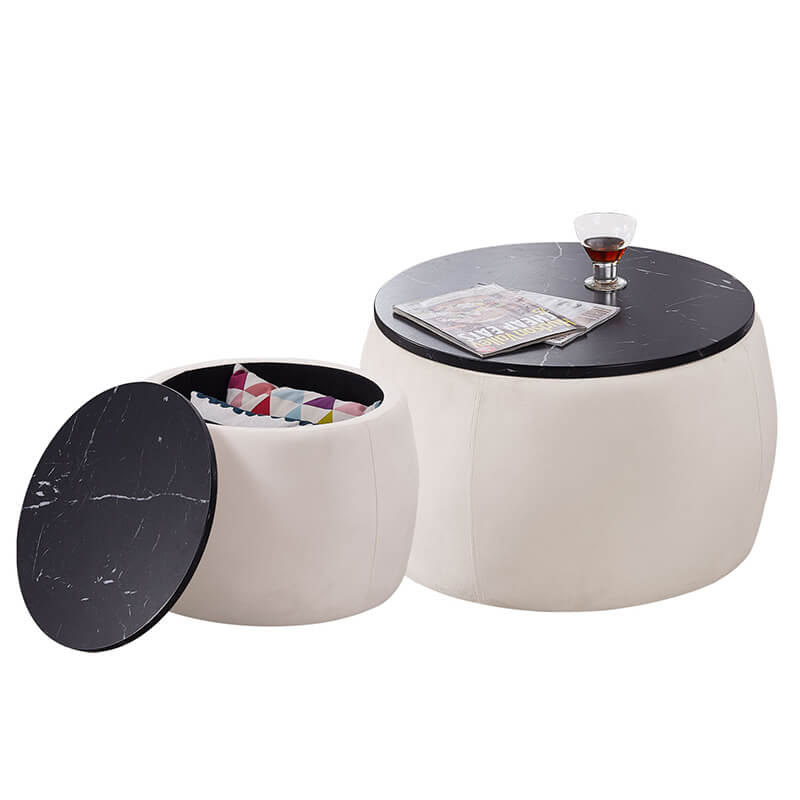 Elegant round storage ottoman coffee table set from a side angle, showcasing its velvet texture.