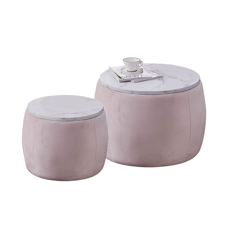 Top-down view of both ottomans nested together as a coffee table in a modern living room