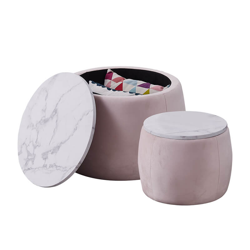 One ottoman open revealing storage space inside, with lid placed beside it