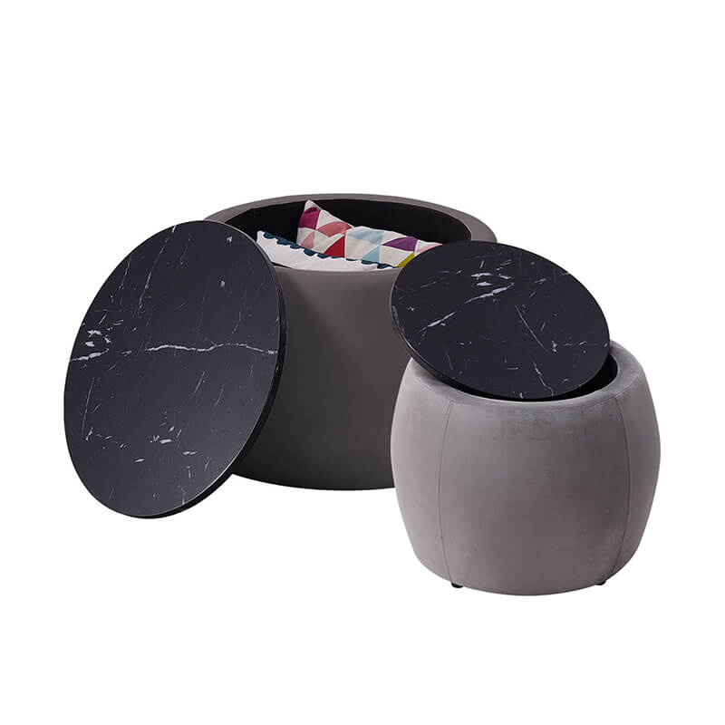 Close-up view of the wooden lid on the grey nesting round ottoman, highlighting the quality materials and design.