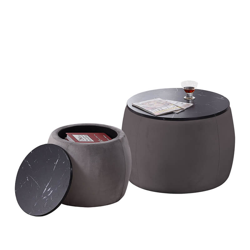 Elegant grey nesting round ottoman set displayed in a modern living room, showcasing its storage capability and style.