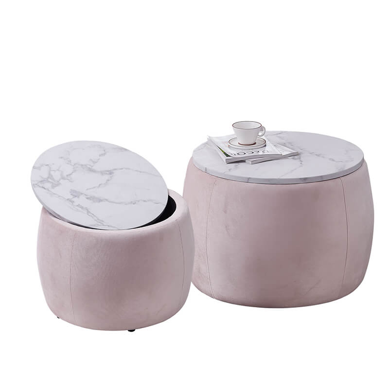 One ottoman open revealing storage space inside, with lid placed beside it