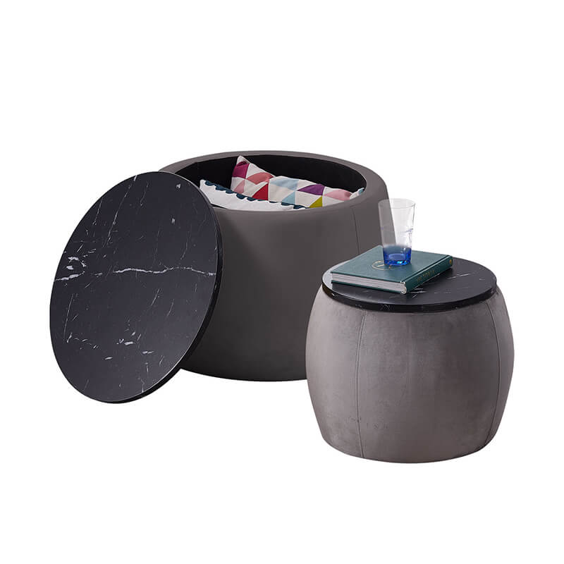 Elegant grey nesting round ottoman set displayed in a modern living room, showcasing its storage capability and style.