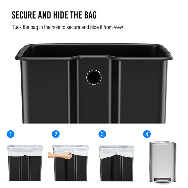Stylish rectangular soft close trash can in a kitchen setting.