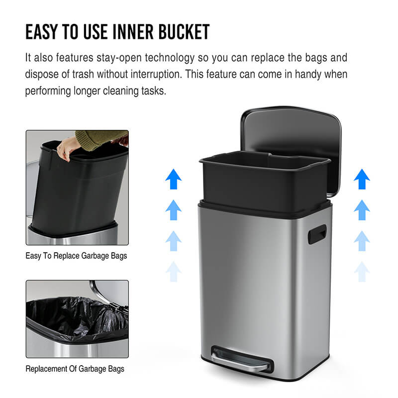 Close-up of the soft close lid mechanism on the stainless steel trash can.