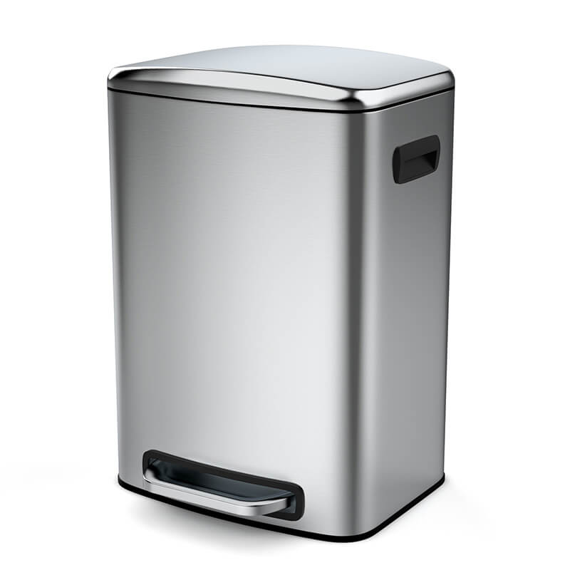 Close-up of the soft close lid mechanism on the stainless steel trash can.