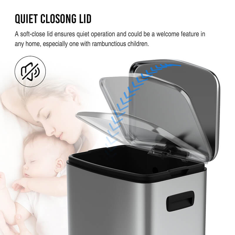 Elegant 13 Gallon stainless steel trash can with foot pedal from a side angle.
