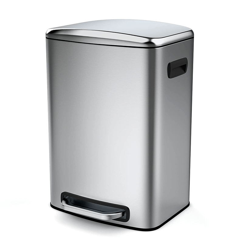 Stylish rectangular soft close trash can in a kitchen setting.