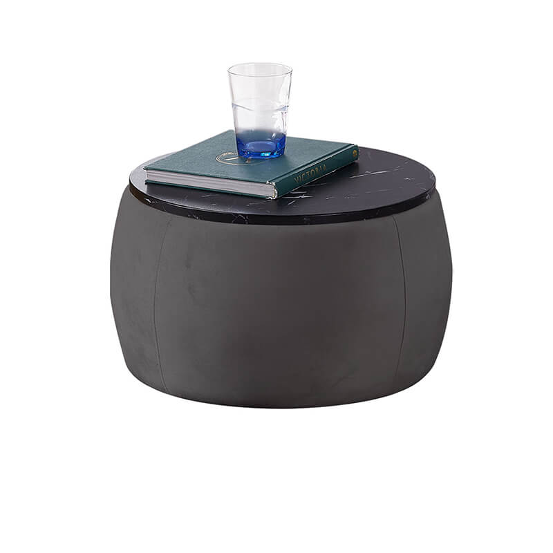 28 inch black round storage ottoman coffee table with wooden lid, showing elegant design and use as a footstool.