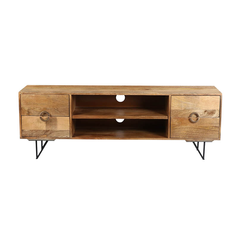 Front view of the affordable Mango wood TV stand showcasing its sleek design and spacious storage options.