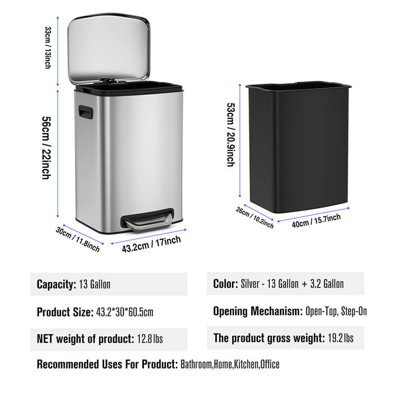 Elegant 13 Gallon stainless steel trash can with foot pedal from a side angle.