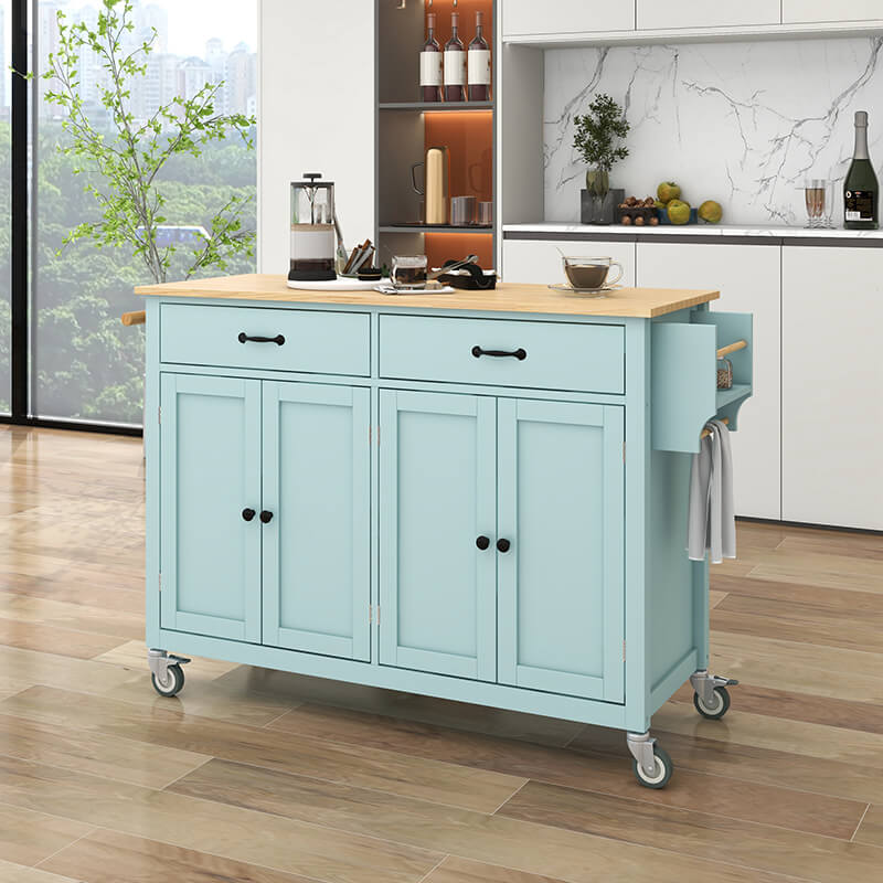 Mint green wood kitchen island cart showcasing adjustable shelves and a spacious top view.